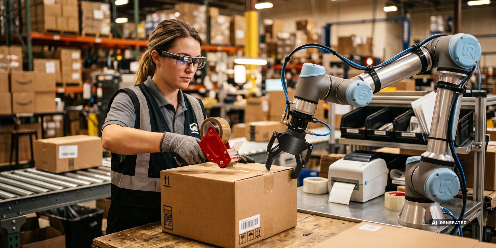 Mitarbeiter mit Smart Glasses und ein kollaborativer Roboter kommissionieren Waren in der Kontraktlogistik. Effiziente Mensch-Maschine-Kollaboration.